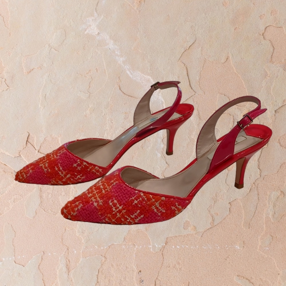 🆕 BODEN • size 7 1/2 or 40 1/2 • pink orange tweed slingback kitten heels NWOT - Picture 11 of 11